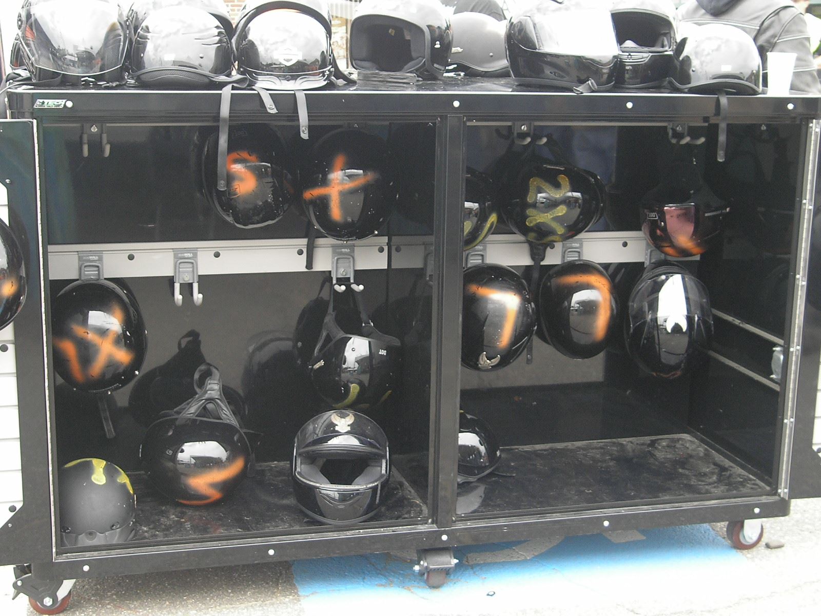 A display of helmets at Harleys set up 2010